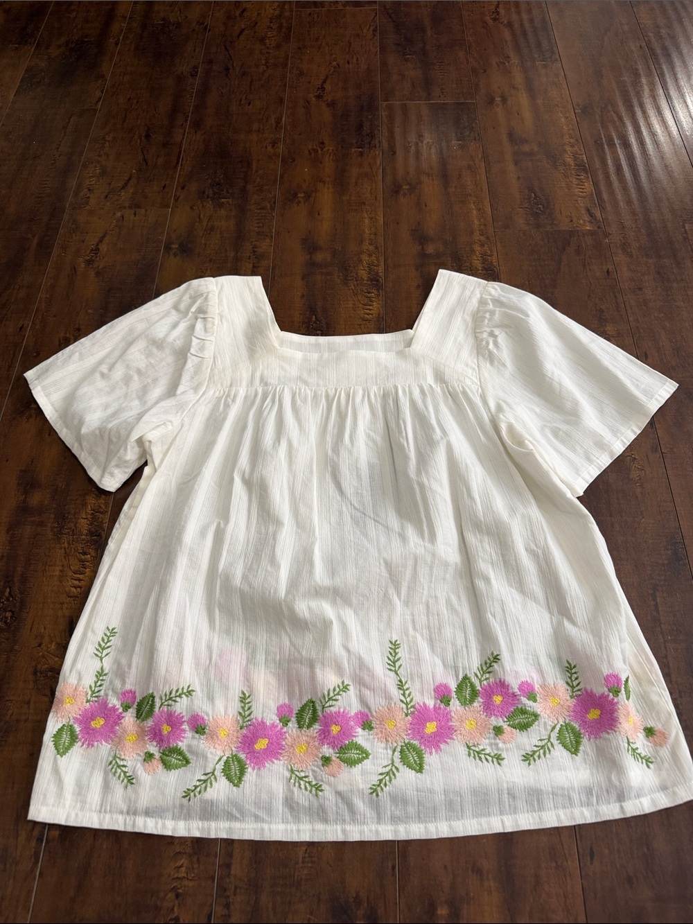 Matilda Jane White Square-Neck Blouse with Pink Floral Embroidery